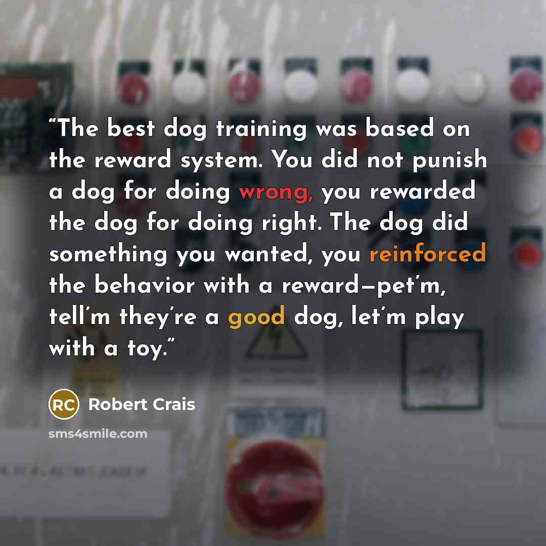 “The best dog training was based on the reward system. You did not punish a dog for doing wrong, you rewarded the dog for doing right. The dog did something you wanted, you reinforced the behavior with a reward—pet’m, tell’m they’re a good dog, let’m play with a toy.” quote by Robert Crais