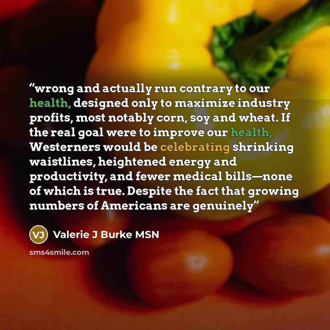 “wrong and actually run contrary to our health, designed only to maximize industry profits, most notably corn, soy and wheat. If the real goal were to improve our health, Westerners would be celebrating shrinking waistlines, heightened energy and productivity, and fewer medical bills—none of which…” quote by Valerie J Burke MSN