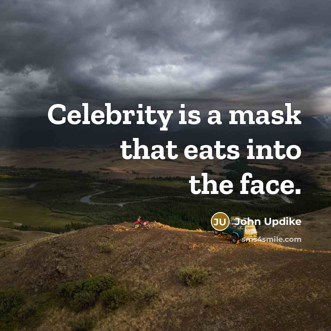 “Celebrity is a mask that eats into the face.” quote by John Updike