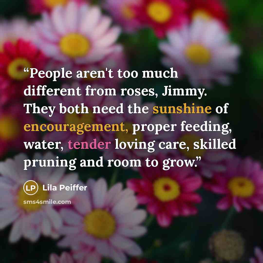 “People aren't too much different from roses, Jimmy. They both need the sunshine of encouragement, proper feeding, water, tender loving care, skilled pruning and room to grow.” quote by Lila Peiffer