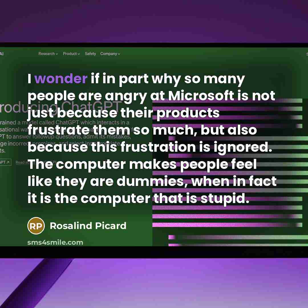 “I wonder if in part why so many people are angry at Microsoft is not just because their products frustrate them so much, but also because this frustration is ignored. The computer makes people feel like they are dummies, when in fact it is the computer that is stupid.” quote by Rosalind Picard