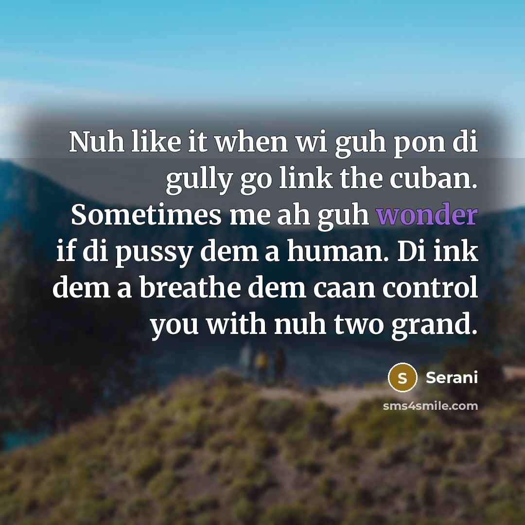 “Nuh like it when wi guh pon di gully go link the cuban. Sometimes me ah guh wonder if di pussy dem a human. Di ink dem a breathe dem caan control you with nuh two grand.” quote by Serani