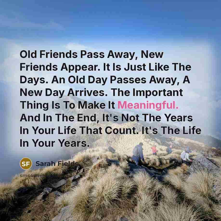 “Old Friends Pass Away, New Friends Appear. It Is Just Like The Days. An Old Day Passes Away, A New Day Arrives. The Important Thing Is To Make It Meaningful. And In The End, It's Not The Years In Your Life That Count. It's The Life In Your Years.” quote by Sarah Fields