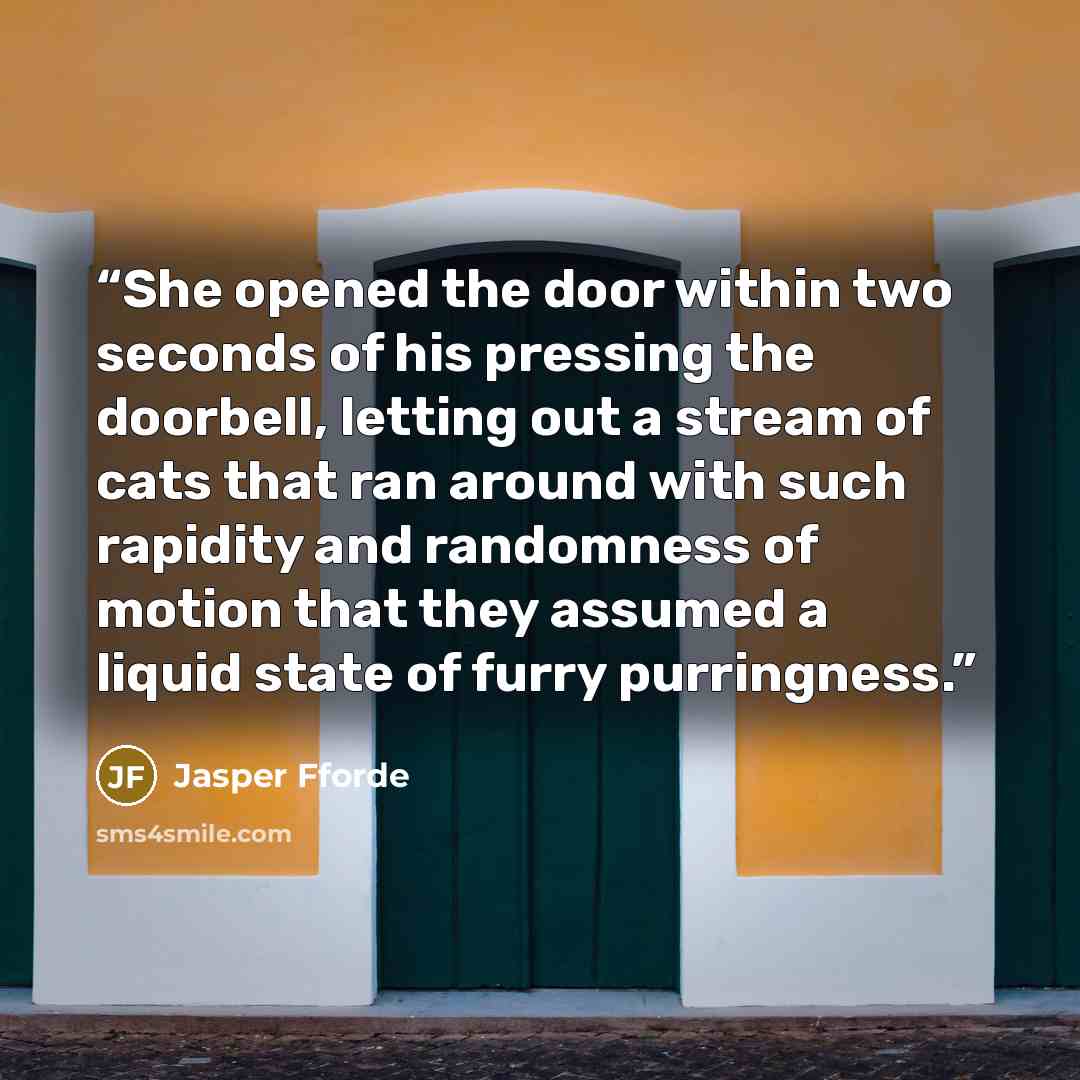 “She opened the door within two seconds of his pressing the doorbell, letting out a stream of cats that ran around with such rapidity and randomness of motion that they assumed a liquid state of furry purringness.” quote by Jasper Fforde