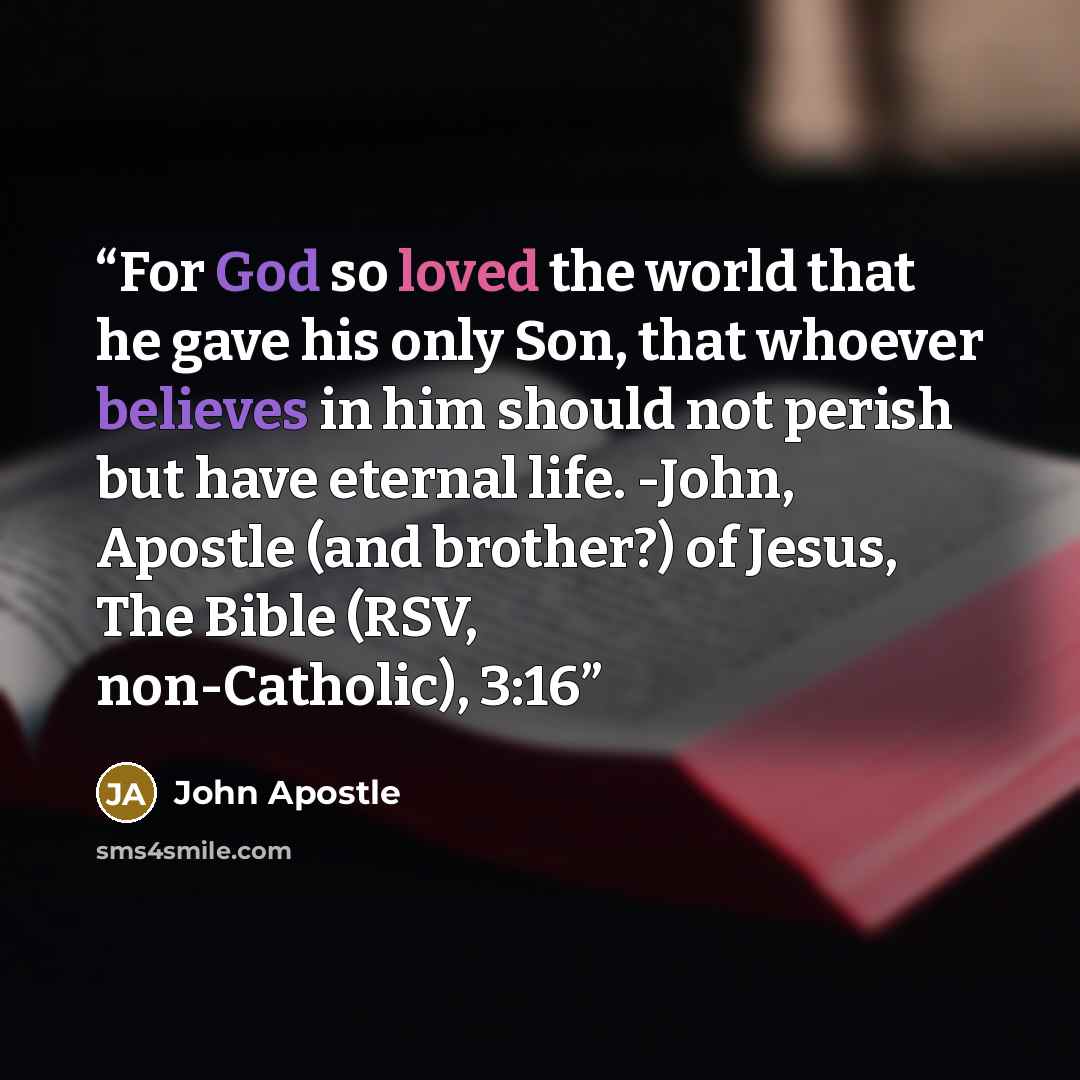 “For God so loved the world that he gave his only Son, that whoever believes in him should not perish but have eternal life. -John, Apostle (and brother?) of Jesus, The Bible (RSV, non-Catholic), 3:16” quote by John Apostle