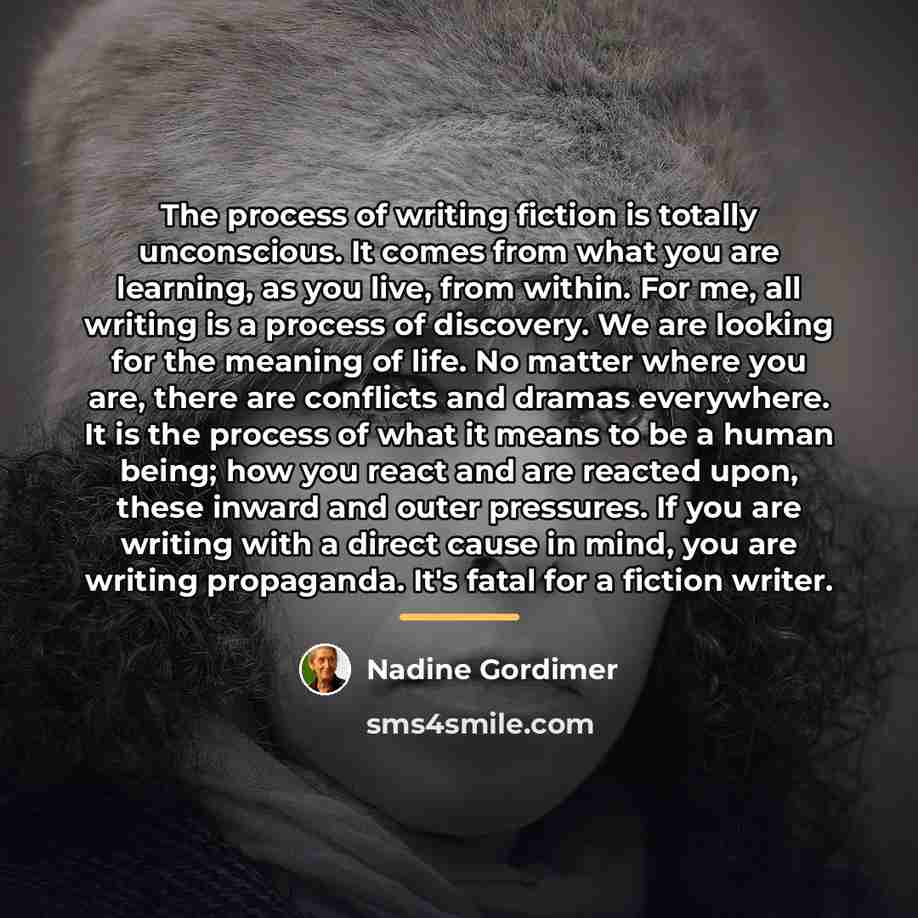 “The process of writing fiction is totally unconscious. It comes…” quote by Nadine Gordimer