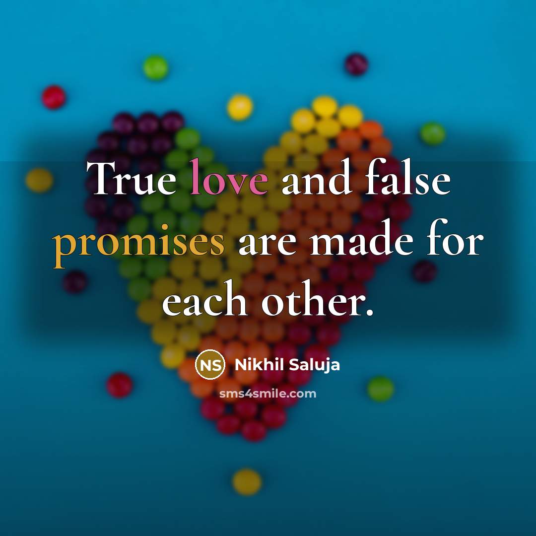 “True love and false promises are made for each other.” quote by Nikhil Saluja