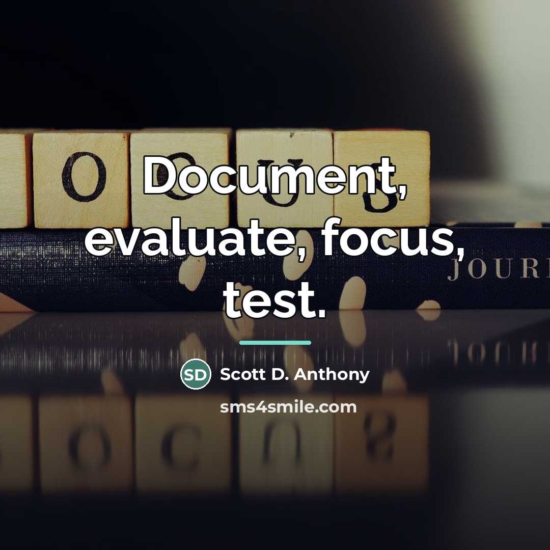 “Document, evaluate, focus, test.…” quote by Scott D. Anthony