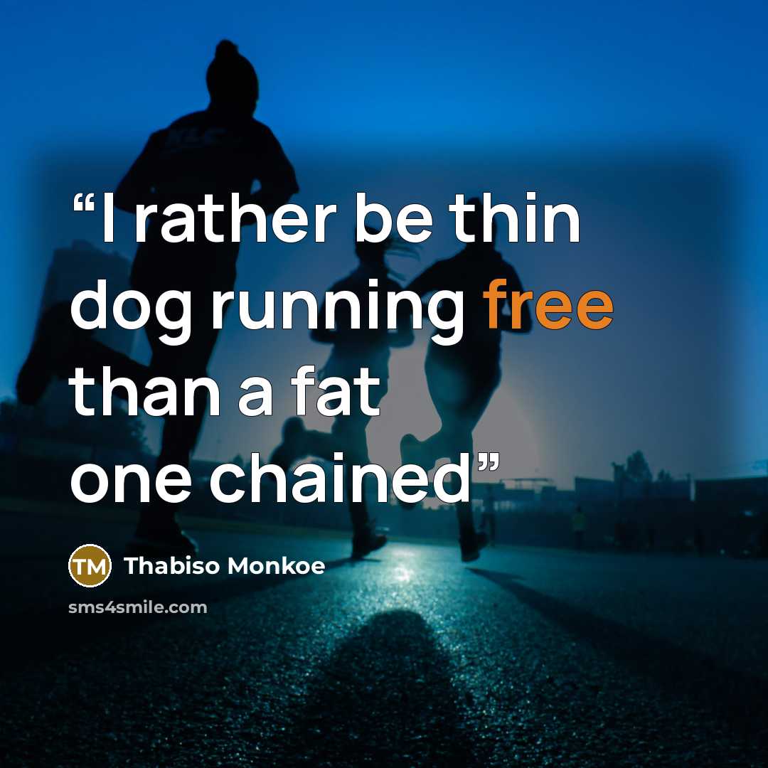 “I rather be thin dog running free than a fat one chained” quote by Thabiso Monkoe