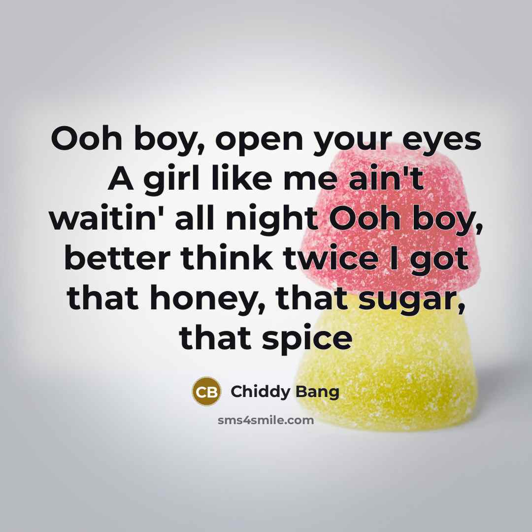 “Ooh boy, open your eyes A girl like me ain't waitin' all night Ooh boy, better think twice I got that honey, that sugar, that spice” quote by Chiddy Bang