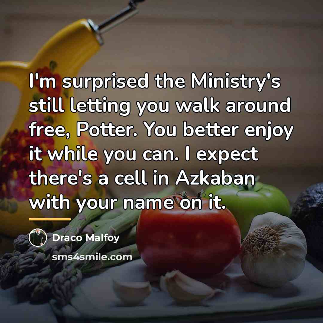 “I'm surprised the Ministry's still letting you walk around free,…” quote by Draco Malfoy