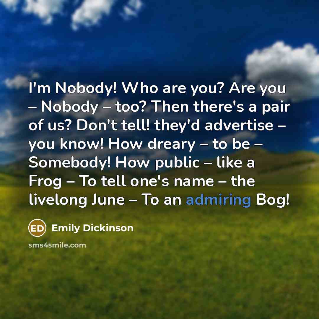 “I'm Nobody! Who are you? Are you – Nobody –…” quote by Emily Dickinson