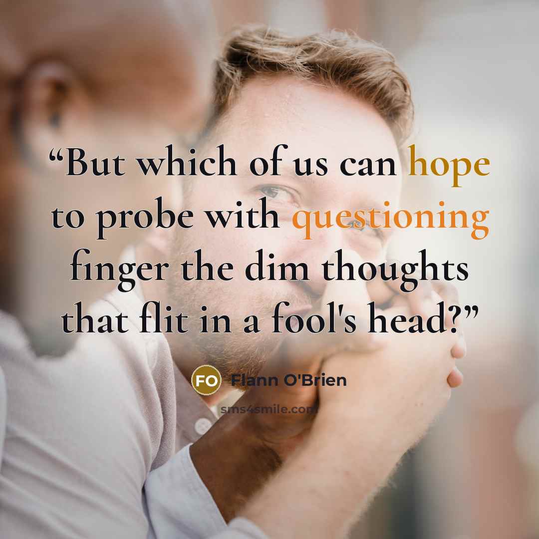 “But which of us can hope to probe with questioning finger the dim thoughts that flit in a fool's head?” quote by Flann O'Brien