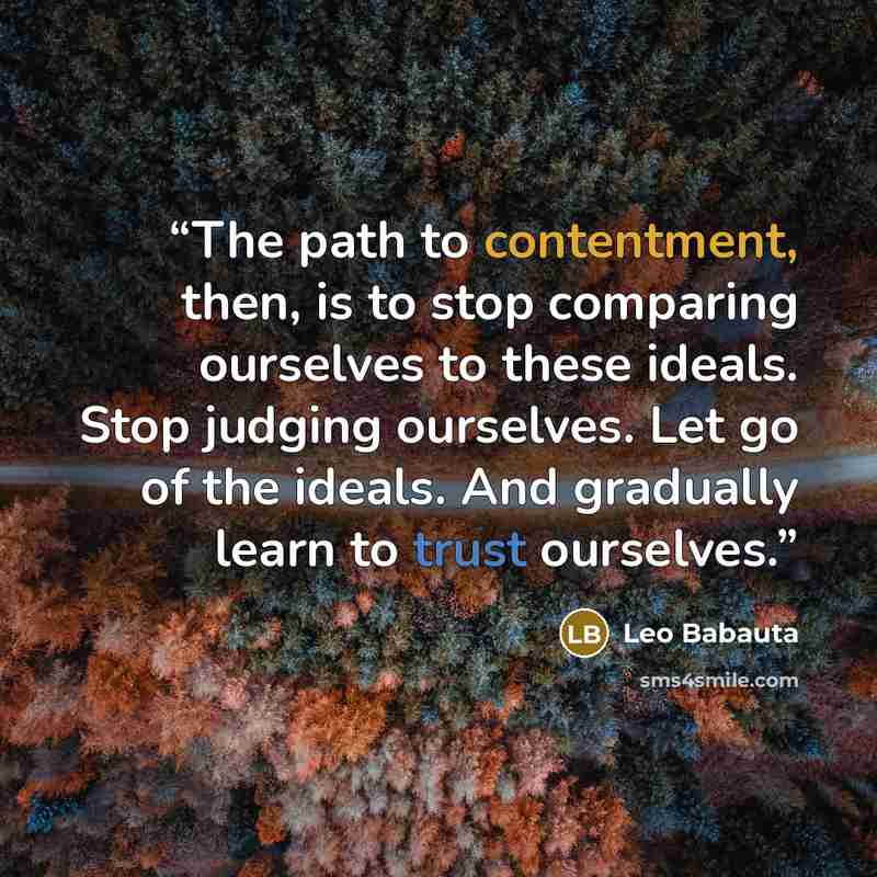 “The path to contentment, then, is to stop comparing ourselves to these ideals. Stop judging ourselves. Let go of the ideals. And gradually learn to trust ourselves.” quote by Leo Babauta
