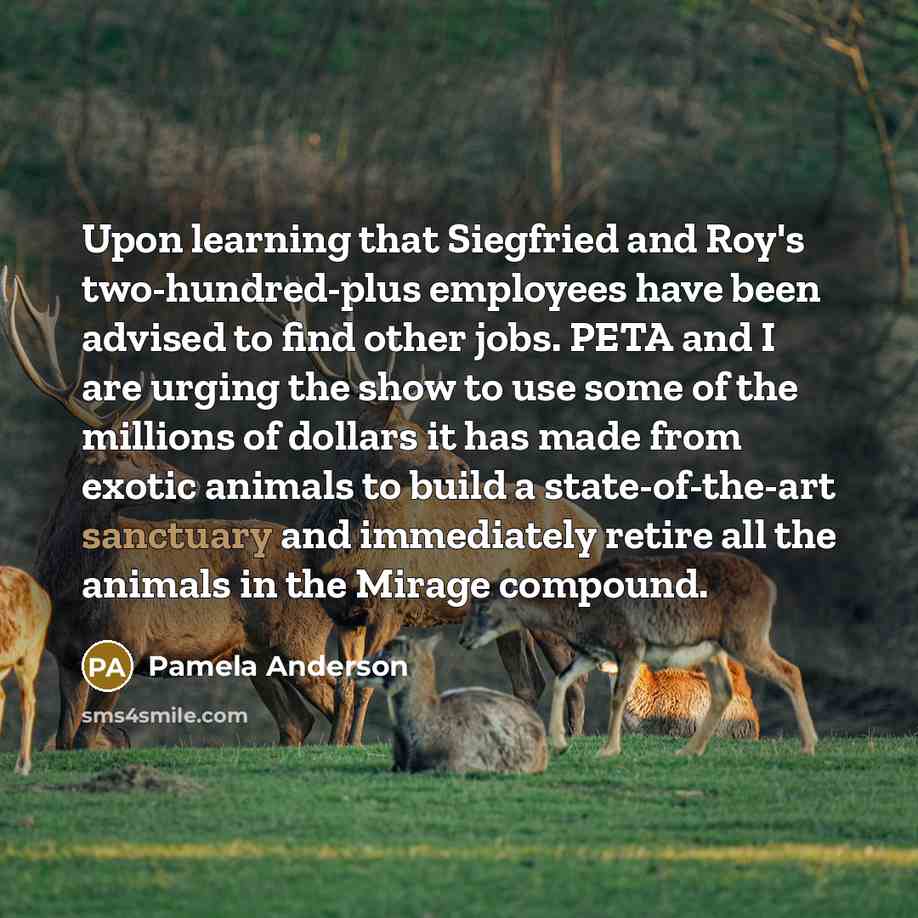 “Upon learning that Siegfried and Roy's two-hundred-plus employees have been advised to find other jobs. PETA and I are urging the show to use some of the millions of dollars it has made from exotic animals to build a state-of-the-art sanctuary and immediately retire all the animals in the Mirage…” quote by Pamela Anderson
