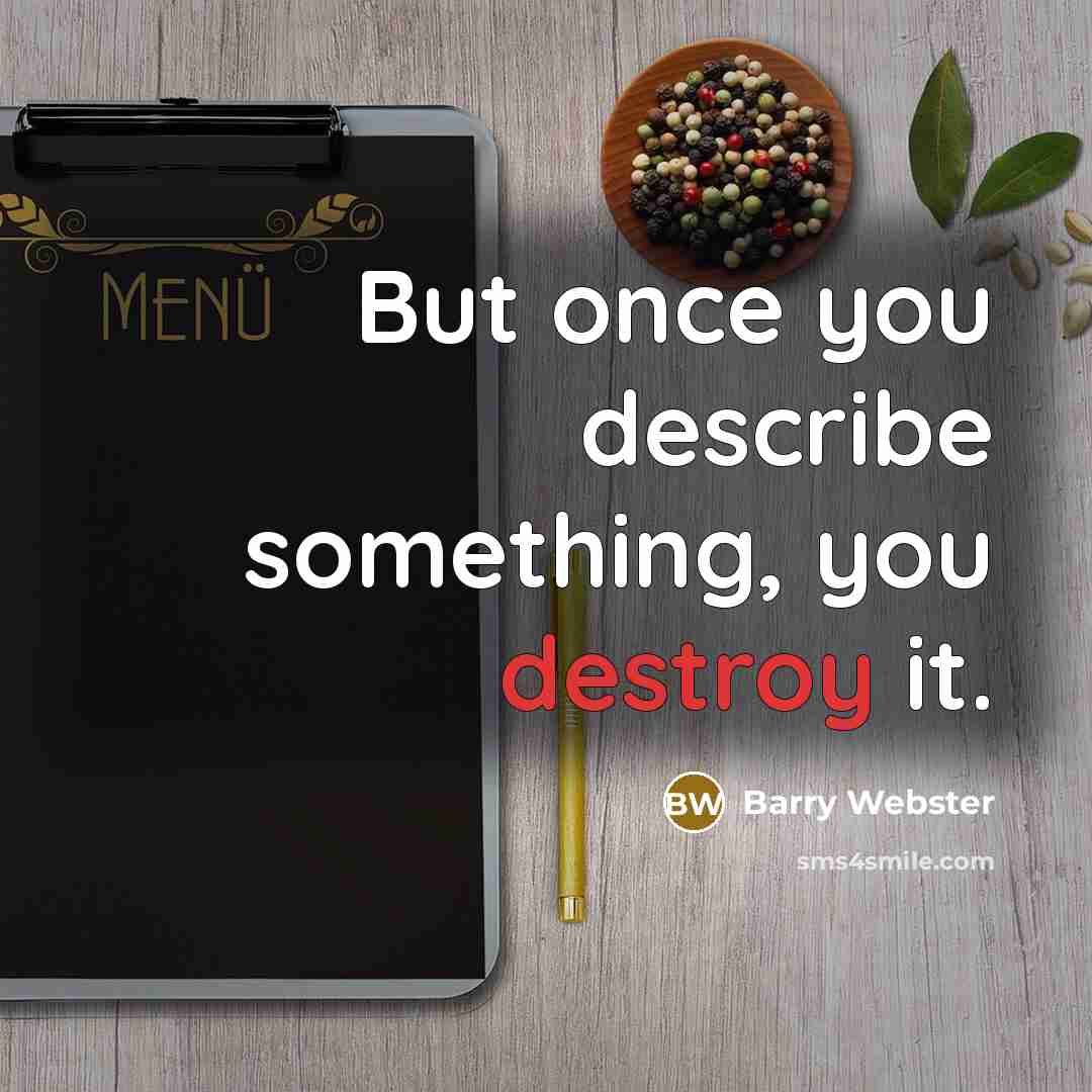 “But once you describe something, you destroy it.” quote by Barry Webster