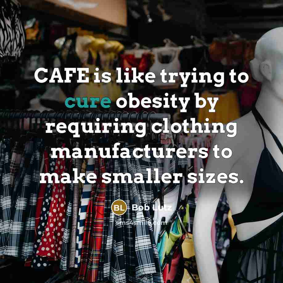 “CAFE is like trying to cure obesity by requiring clothing manufacturers to make smaller sizes.” quote by Bob Lutz