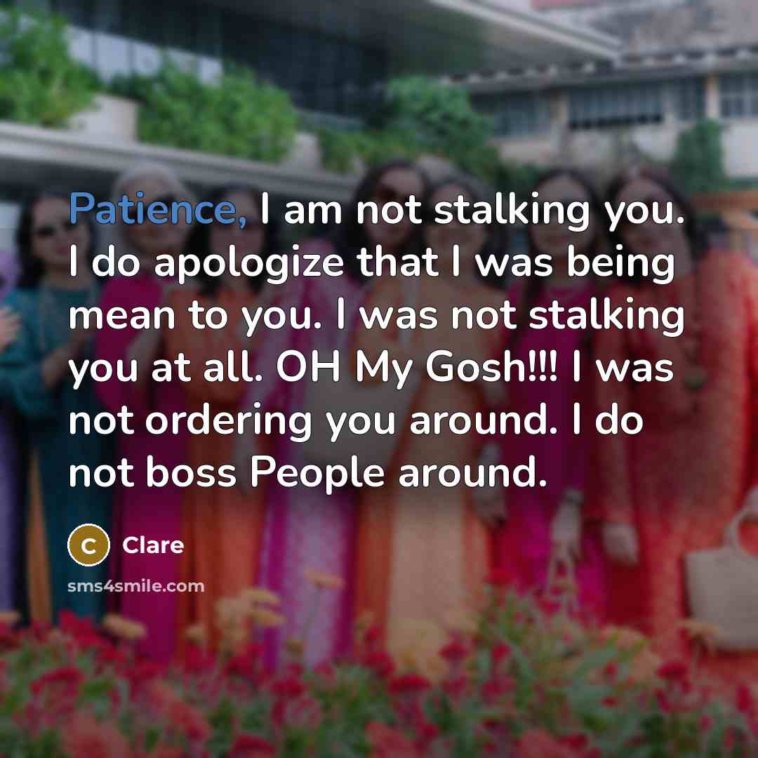 “Patience, I am not stalking you. I do apologize that I was being mean to you. I was not stalking you at all. OH My Gosh!!! I was not ordering you around. I do not boss People around.” quote by Clare