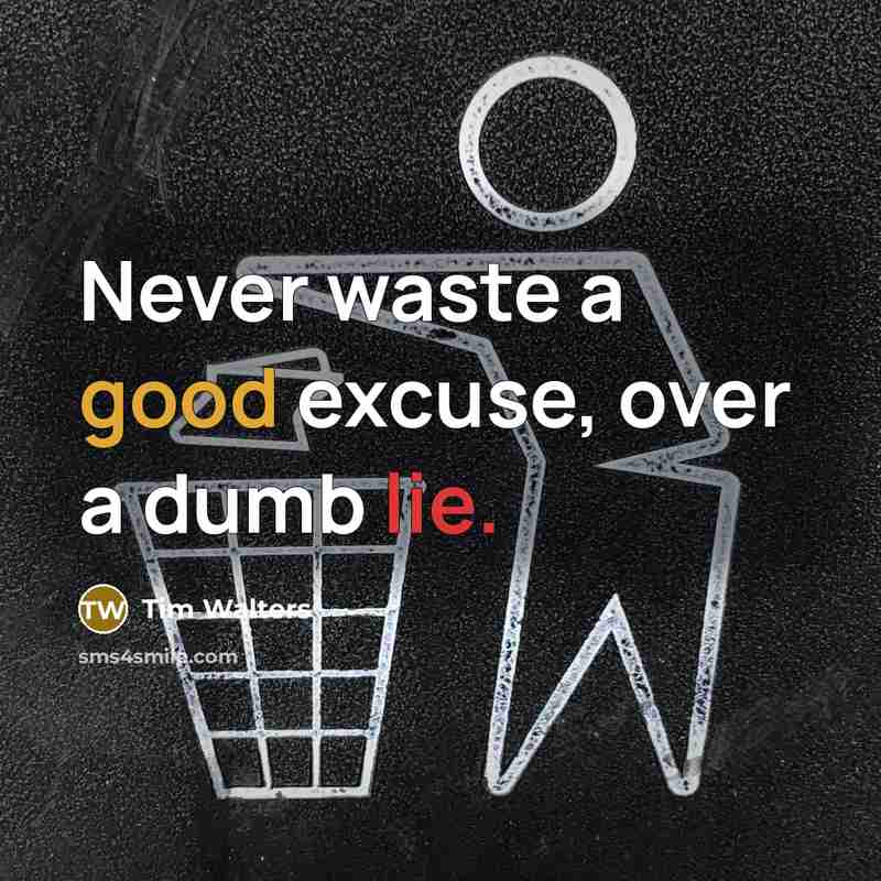 “Never waste a good excuse, over a dumb lie.…” quote by Tim Walters