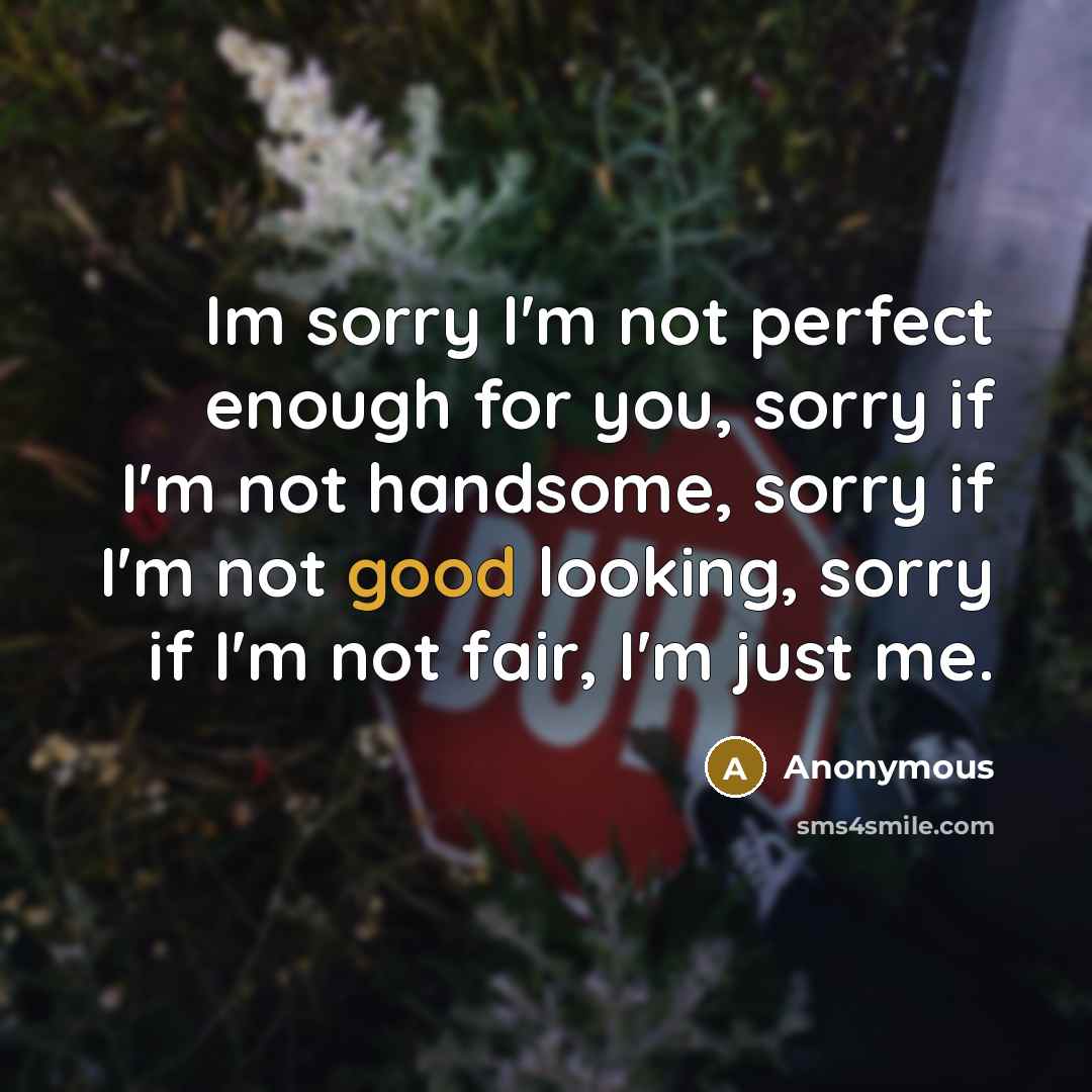 “Im sorry I'm not perfect enough for you, sorry if I'm not handsome, sorry if I'm not good looking, sorry if I'm not fair, I'm just me.” quote by Anonymous