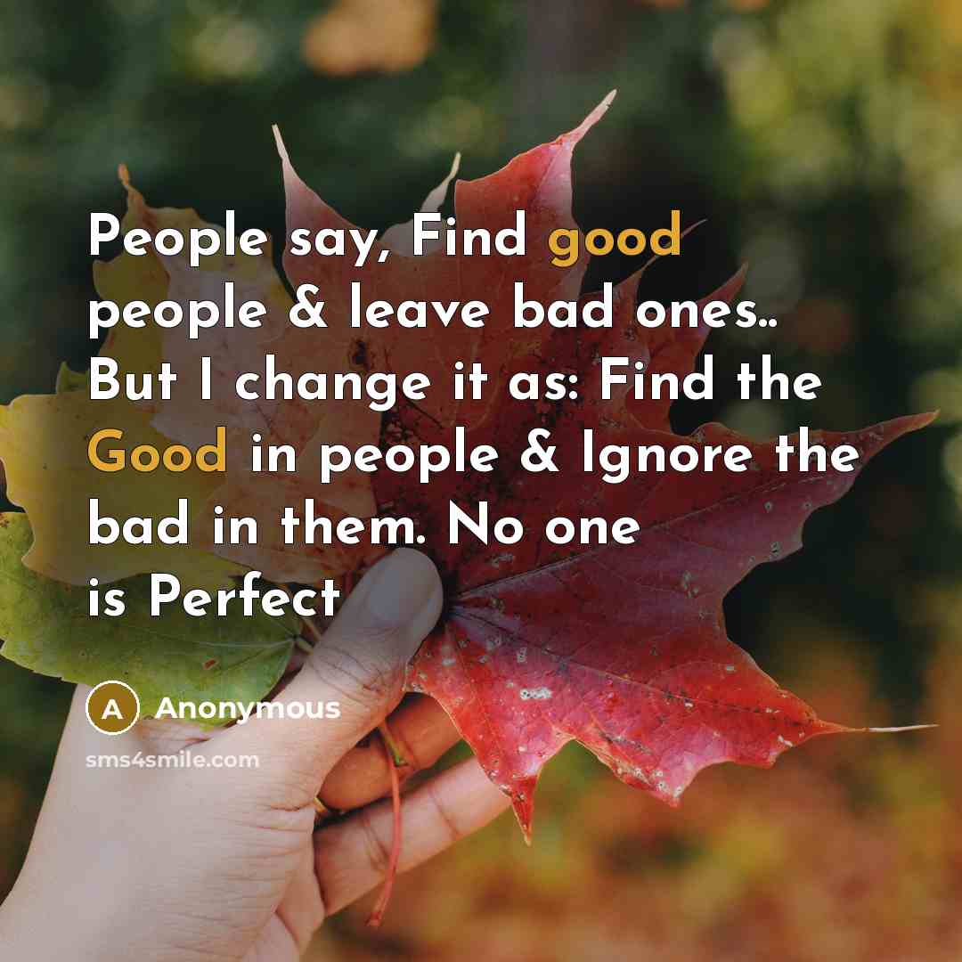 “People say, Find good people & leave bad ones.. But I change it as: Find the Good in people & Ignore the bad in them. No one is Perfect” quote by Anonymous
