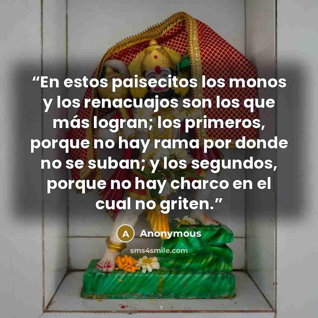 “En estos paisecitos los monos y los renacuajos son los que más logran; los primeros, porque no hay rama por donde no se suban; y los segundos, porque no hay charco en el cual no griten.” quote by Anonymous