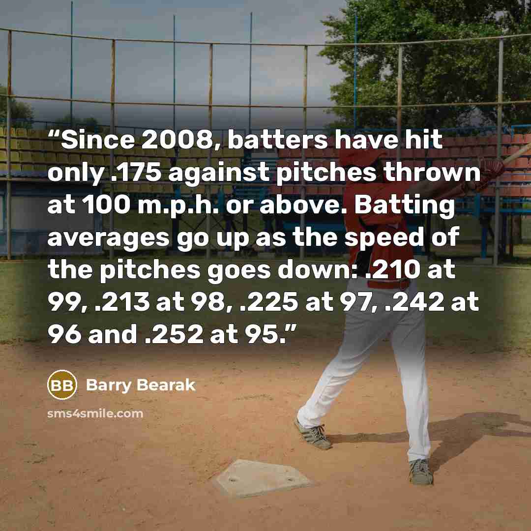 “Since 2008, batters have hit only .175 against pitches thrown at 100 m.p.h. or above. Batting averages go up as the speed of the pitches goes down: .210 at 99, .213 at 98, .225 at 97, .242 at 96 and .252 at 95.” quote by Barry Bearak
