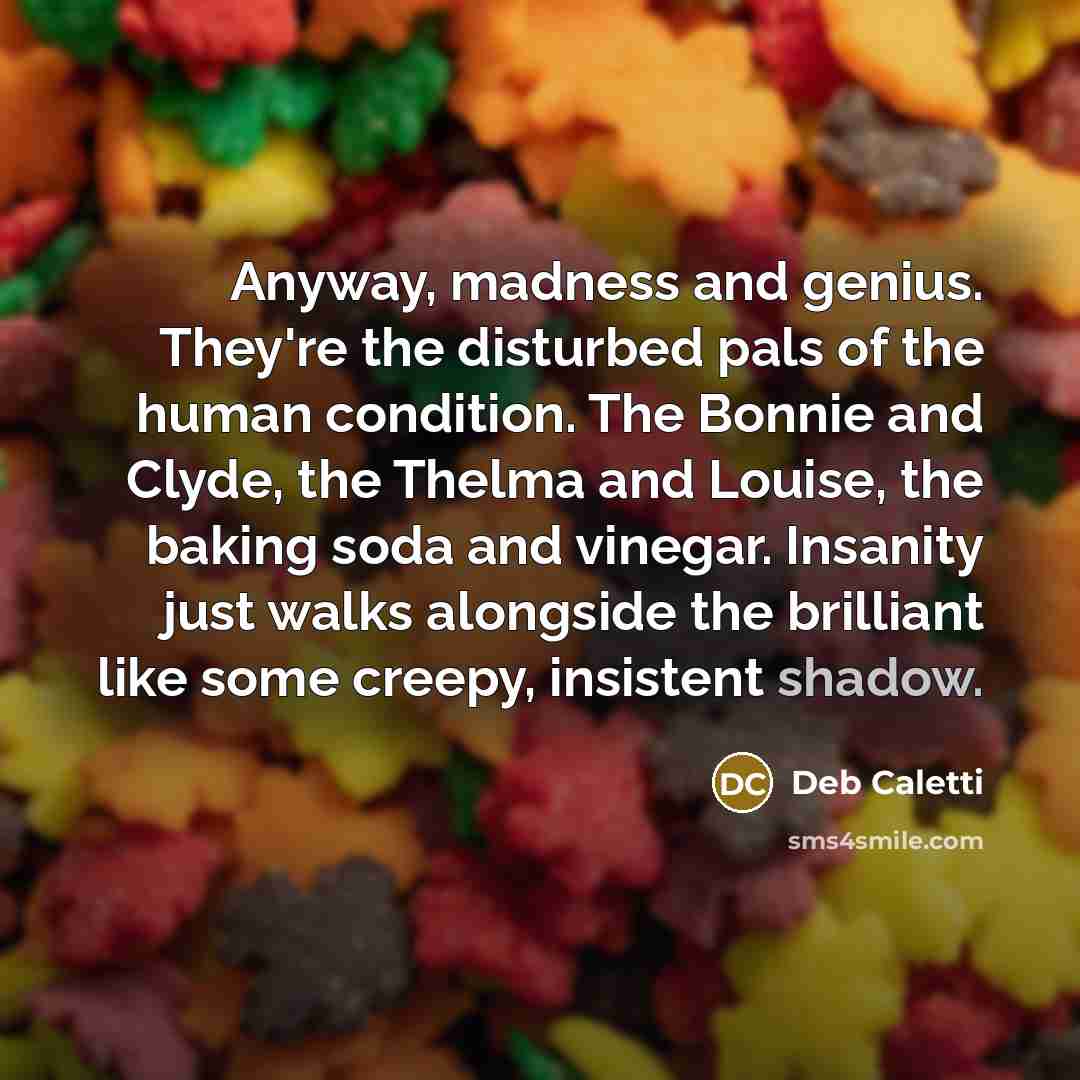 “Anyway, madness and genius. They're the disturbed pals of the…” quote by Deb Caletti