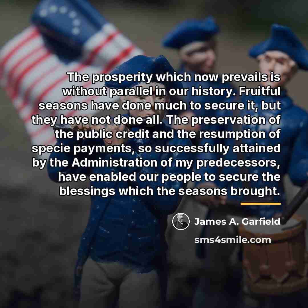 “The prosperity which now prevails is without parallel in our…” quote by James A. Garfield