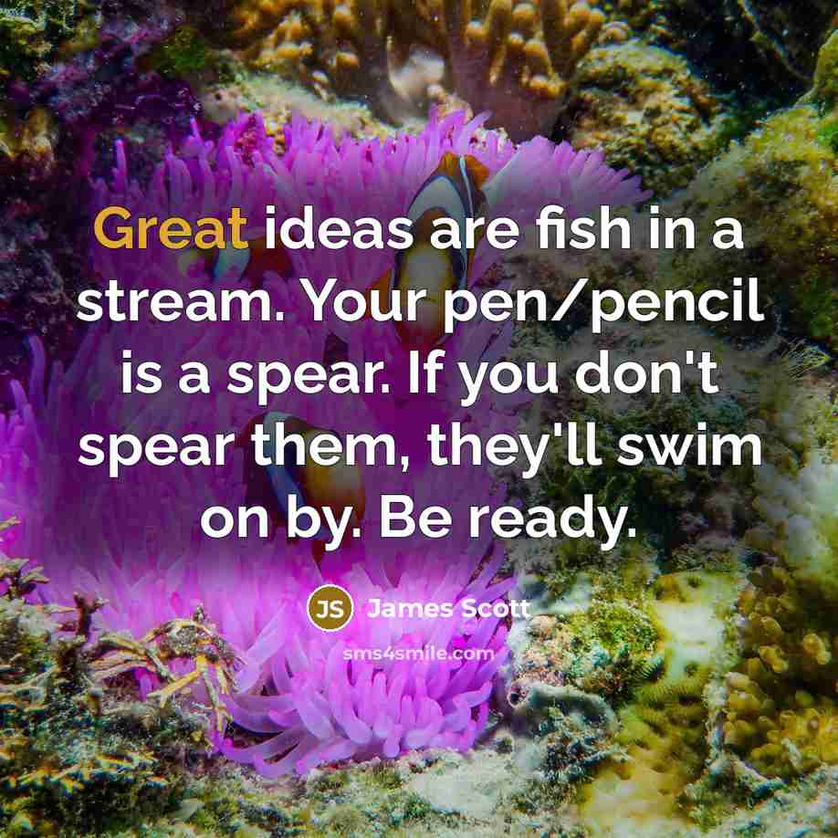 “Great ideas are fish in a stream. Your pen/pencil is…” quote by James Scott