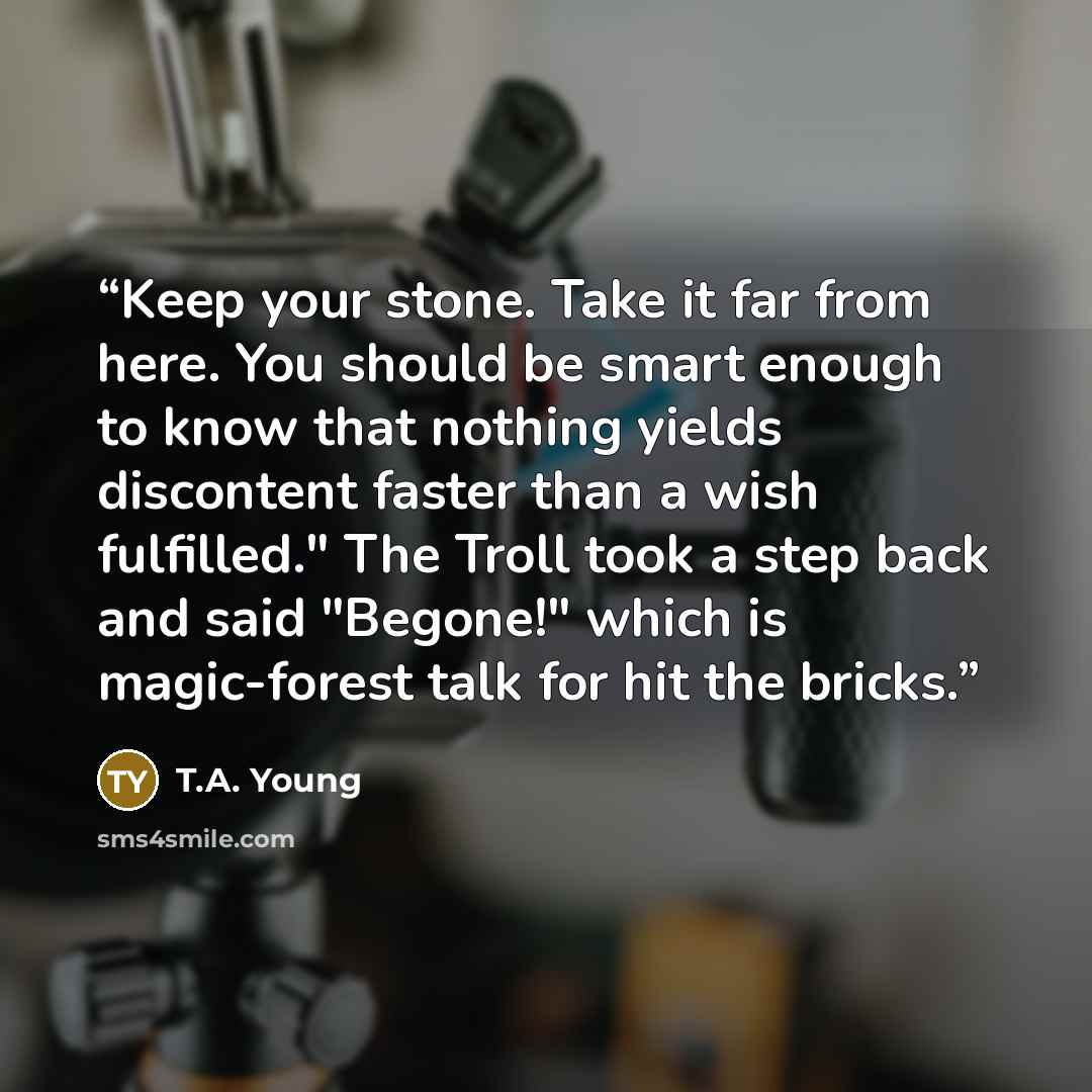 “Keep your stone. Take it far from here. You should be smart enough to know that nothing yields discontent faster than a wish fulfilled." The Troll took a step back and said "Begone!" which is magic-forest talk for hit the bricks.” quote by T.A. Young