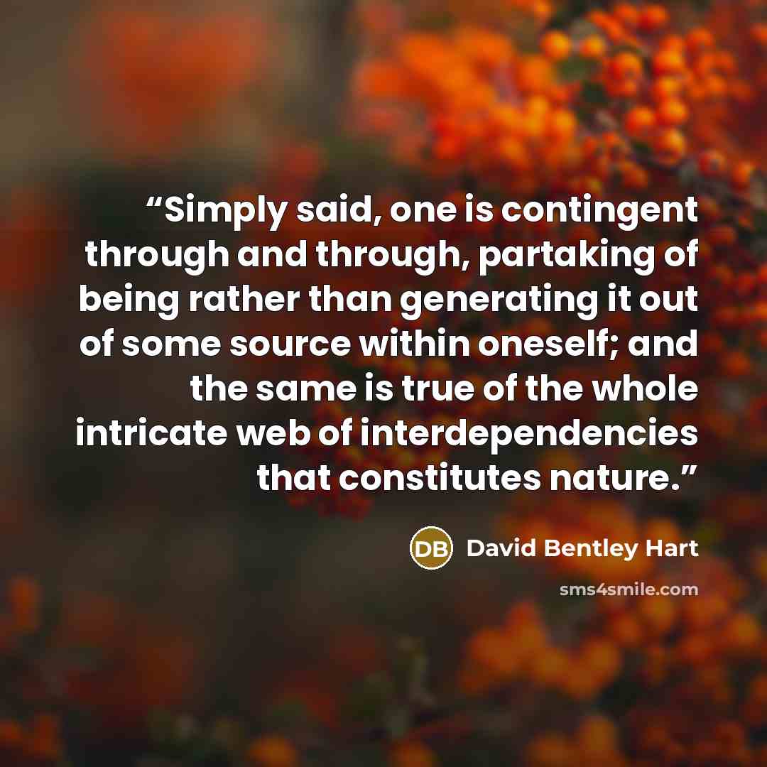 “Simply said, one is contingent through and through, partaking of being rather than generating it out of some source within oneself; and the same is true of the whole intricate web of interdependencies that constitutes nature.” quote by David Bentley Hart