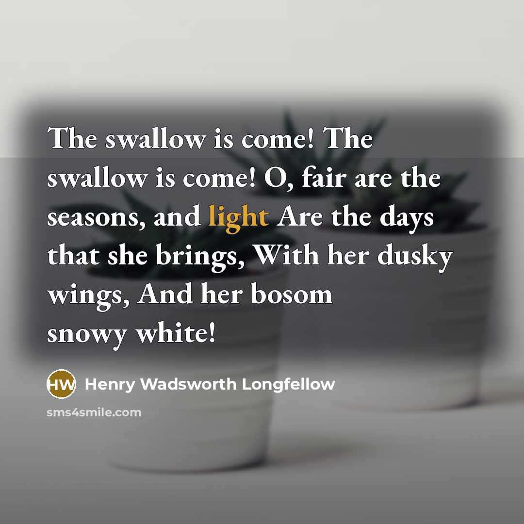 “The swallow is come! The swallow is come! O, fair…” quote by Henry Wadsworth Longfellow