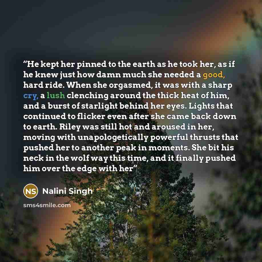“He kept her pinned to the earth as he took her, as if he knew just how damn much she needed a good, hard ride. When she orgasmed, it was with a sharp cry, a lush clenching around the thick heat of him, and a burst of starlight behind her eyes. Lights that continued to flicker even after she came…” quote by Nalini Singh
