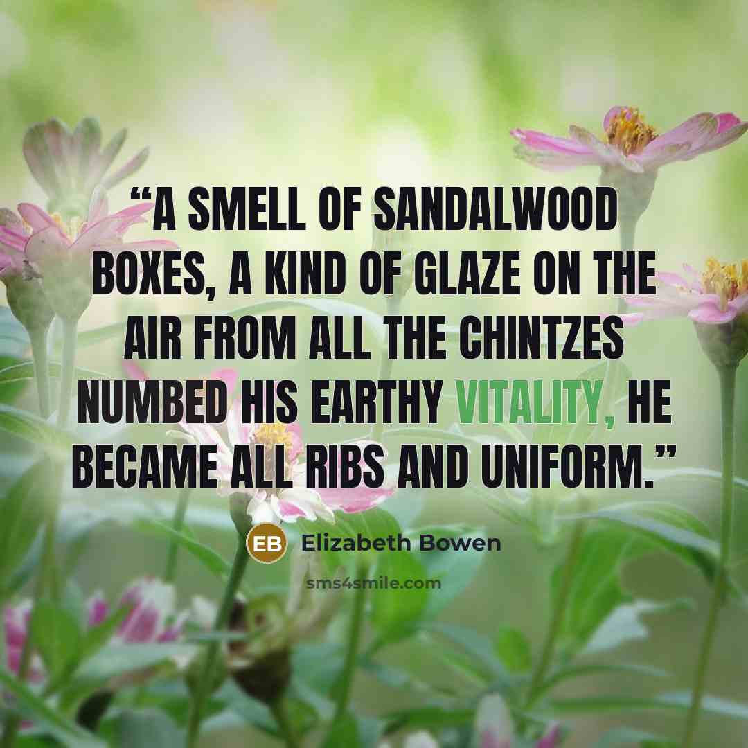 “A smell of sandalwood boxes, a kind of glaze on the air from all the chintzes numbed his earthy vitality, he became all ribs and uniform.” quote by Elizabeth Bowen