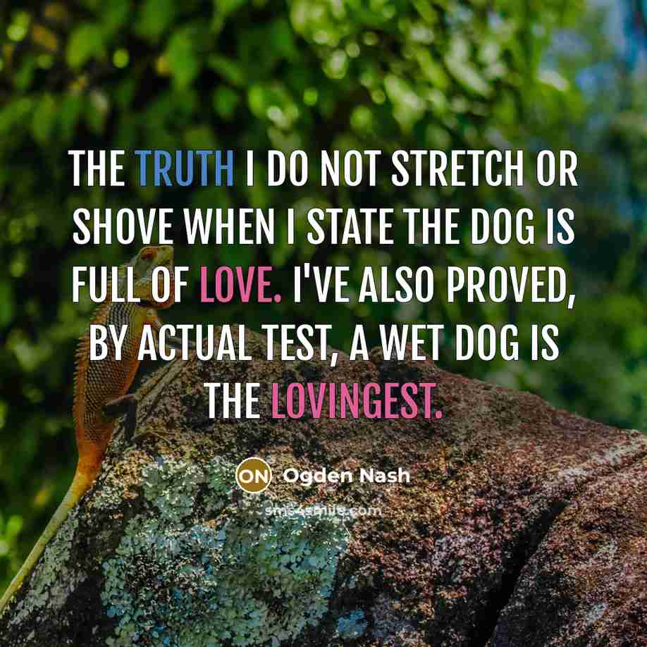 “The truth I do not stretch or shove When I state the dog is full of love. I've also proved, by actual test, A wet dog is the lovingest.” quote by Ogden Nash