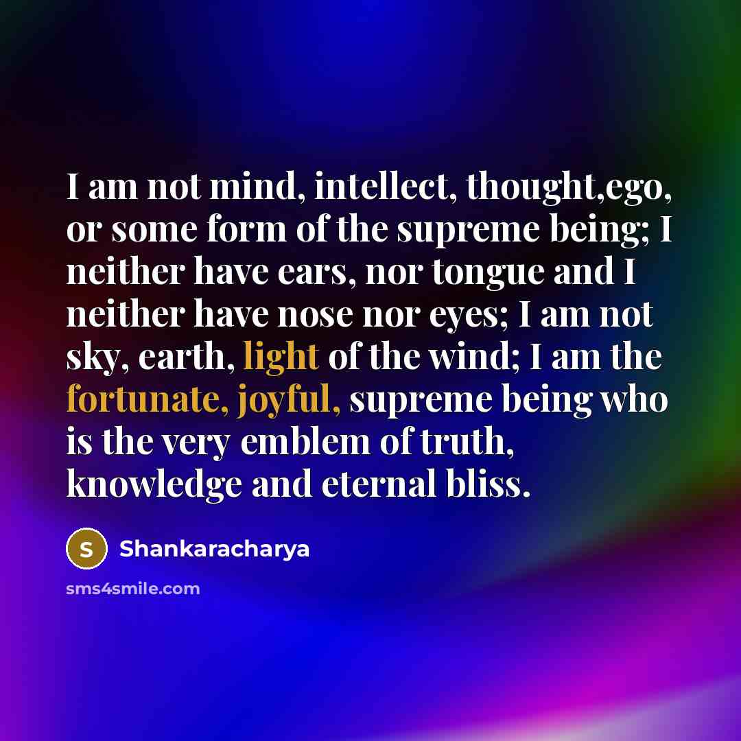 “I am not mind, intellect, thought,ego, or some form of the supreme being; I neither have ears, nor tongue and I neither have nose nor eyes; I am not sky, earth, light of the wind; I am the fortunate, joyful, supreme being who is the very emblem of truth, knowledge and eternal bliss.” quote by Shankaracharya