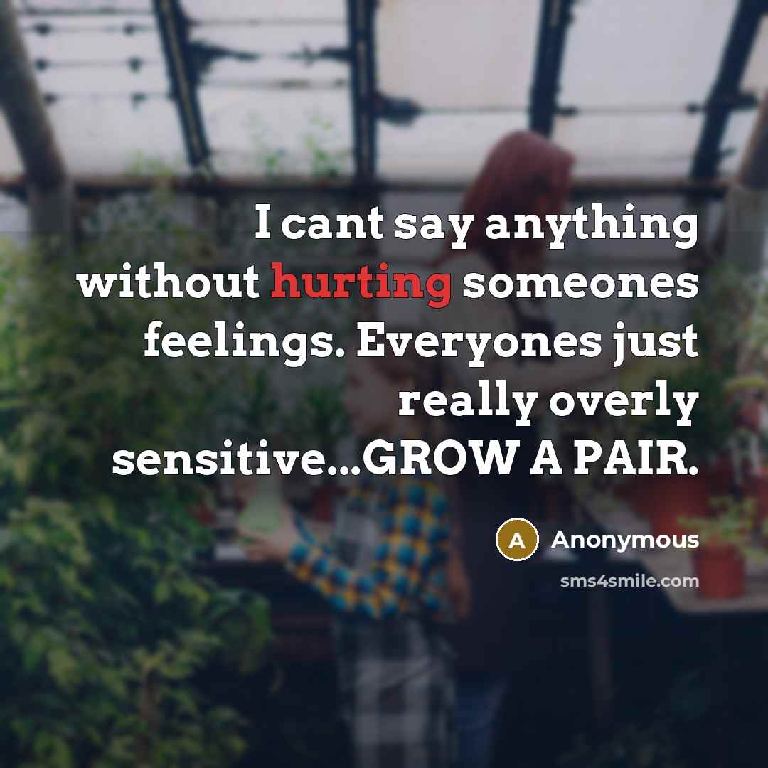 “I cant say anything without hurting someones feelings. Everyones just really overly sensitive...GROW A PAIR.” quote by Anonymous