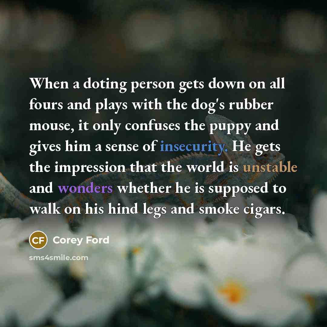 “When a doting person gets down on all fours and plays with the dog's rubber mouse, it only confuses the puppy and gives him a sense of insecurity. He gets the impression that the world is unstable and wonders whether he is supposed to walk on his hind legs and smoke cigars.” quote by Corey Ford
