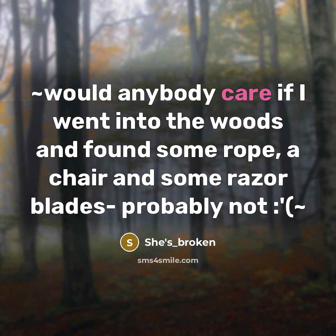 “~would anybody care if I went into the woods and found some rope, a chair and some razor blades- probably not :'(~” quote by She's_broken