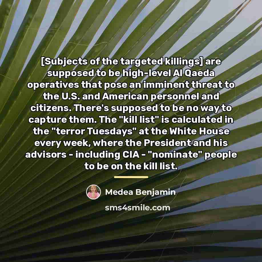 “[Subjects of the targeted killings] are supposed to be high-level…” quote by Medea Benjamin