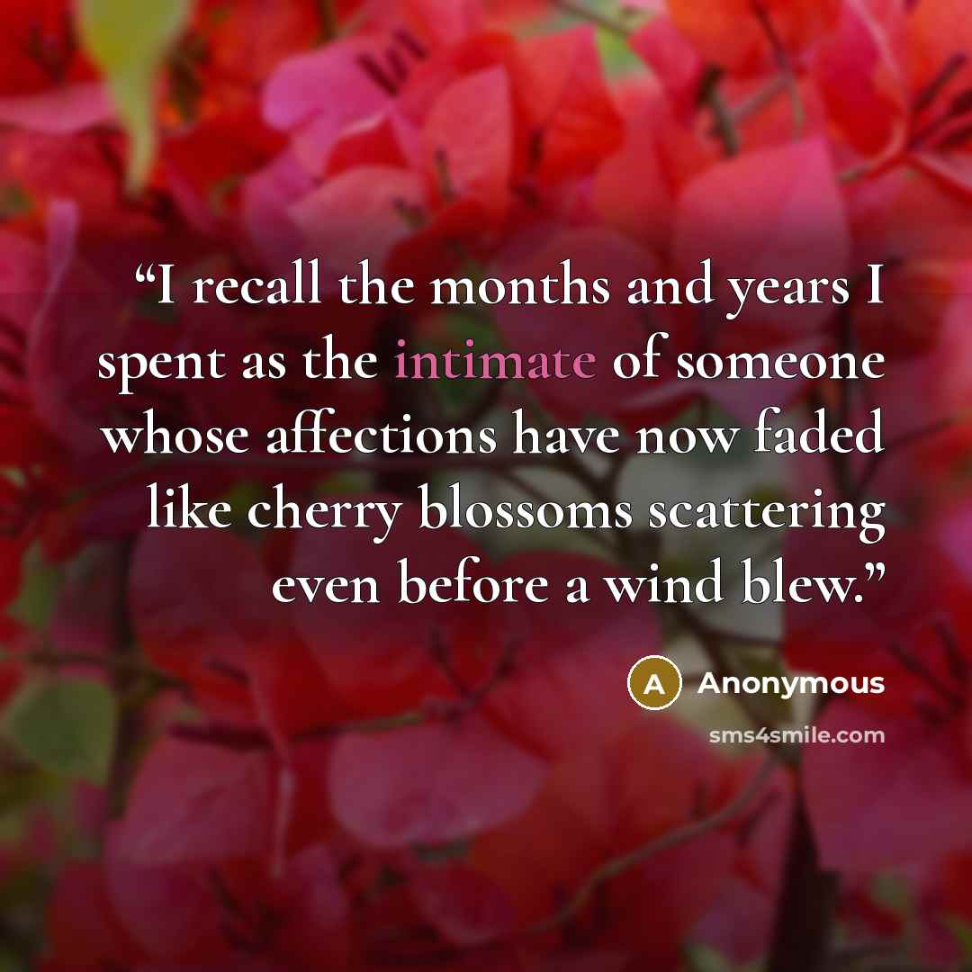 “I recall the months and years I spent as the intimate of someone whose affections have now faded like cherry blossoms scattering even before a wind blew.” quote by Anonymous