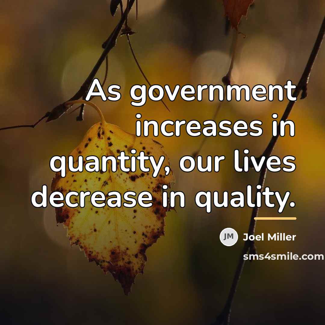 “As government increases in quantity, our lives decrease in quality.…” quote by Joel Miller