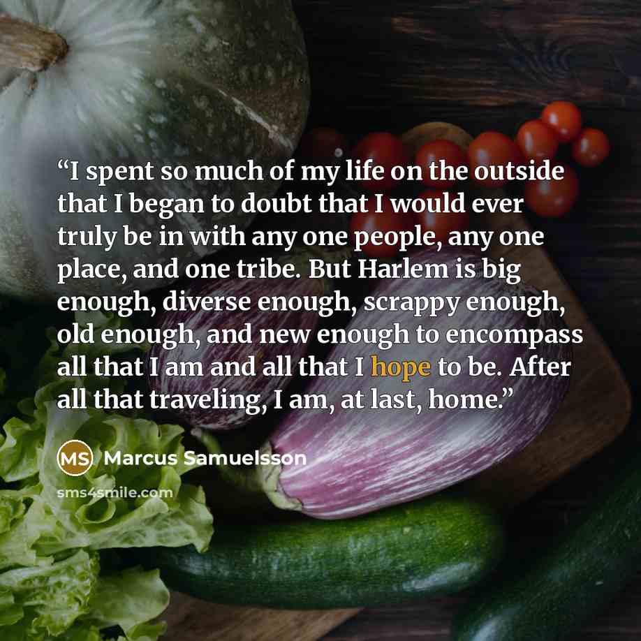 “I spent so much of my life on the outside that I began to doubt that I would ever truly be in with any one people, any one place, and one tribe. But Harlem is big enough, diverse enough, scrappy enough, old enough, and new enough to encompass all that I am and all that I hope to be. After all that…” quote by Marcus Samuelsson