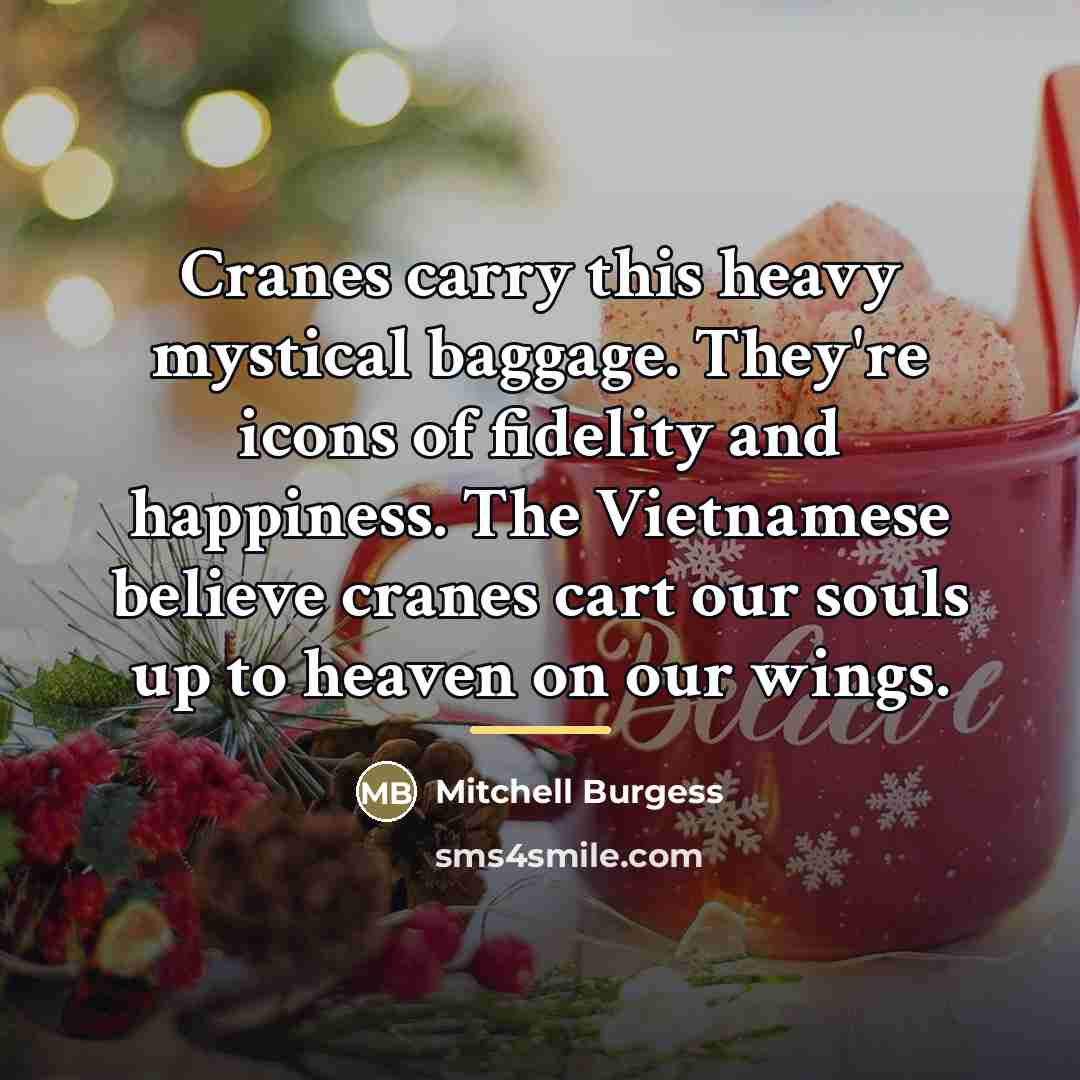 “Cranes carry this heavy mystical baggage. They're icons of fidelity…” quote by Mitchell Burgess