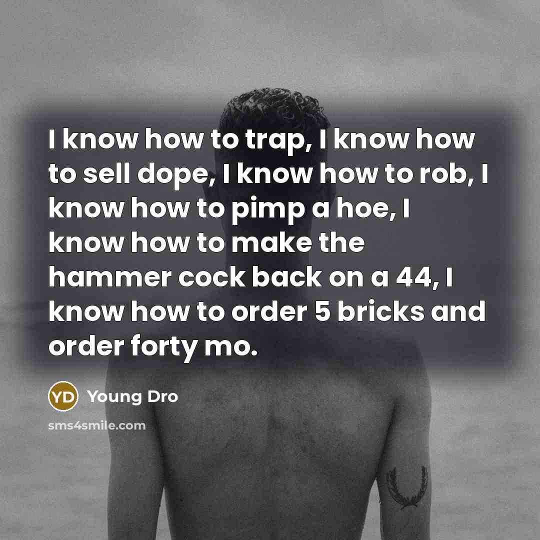 “I know how to trap, I know how to sell dope, I know how to rob, I know how to pimp a hoe, I know how to make the hammer cock back on a 44, I know how to order 5 bricks and order forty mo.” quote by Young Dro