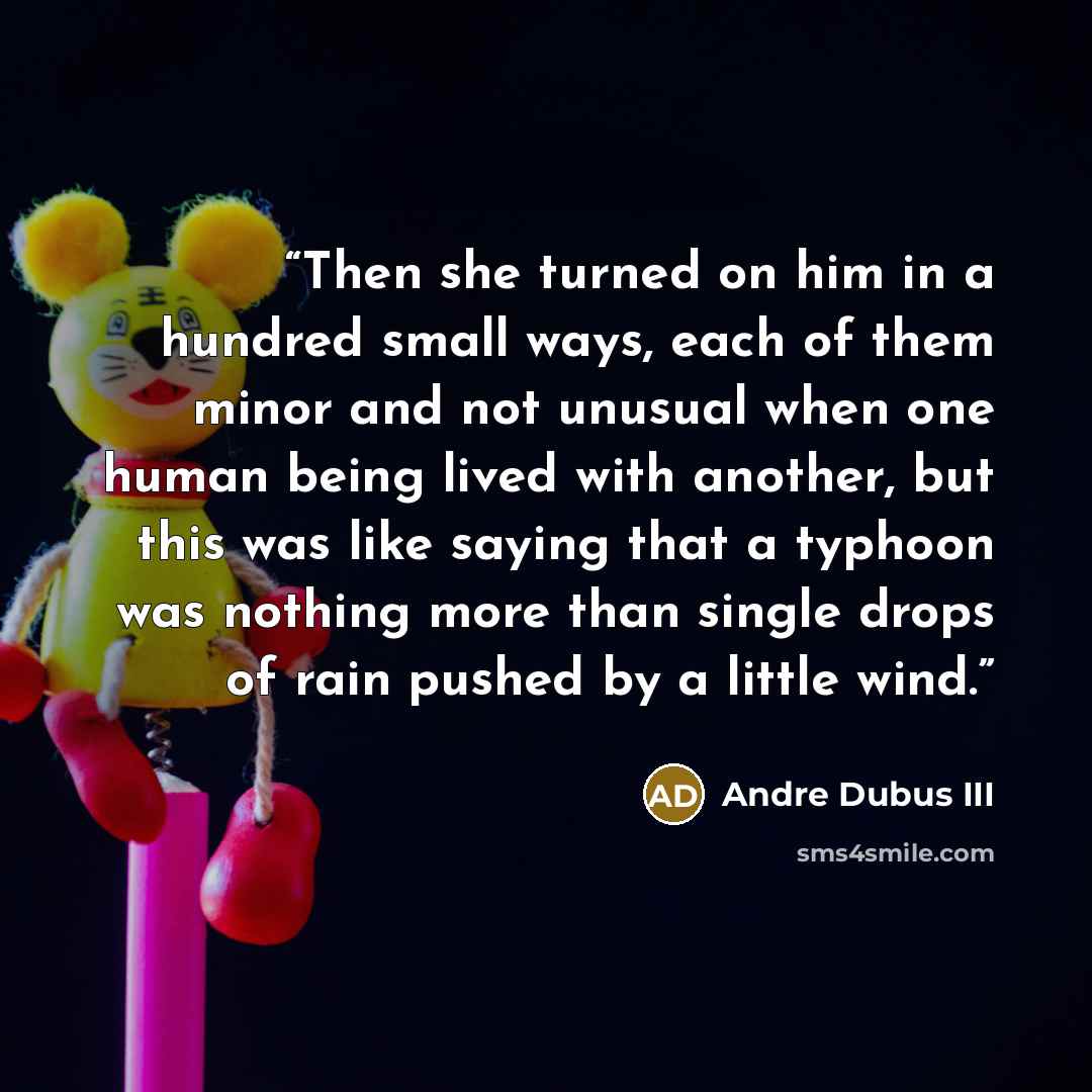 “Then she turned on him in a hundred small ways, each of them minor and not unusual when one human being lived with another, but this was like saying that a typhoon was nothing more than single drops of rain pushed by a little wind.” quote by Andre Dubus III