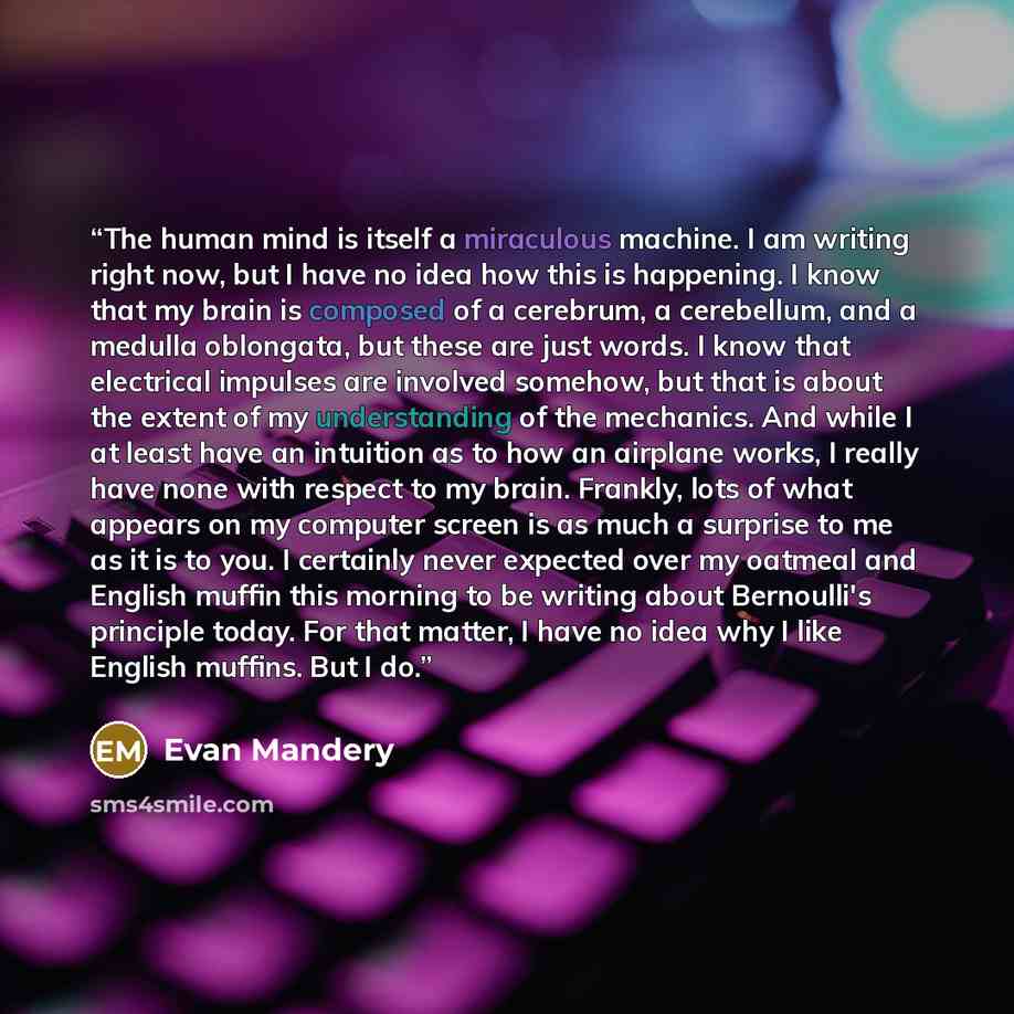 “The human mind is itself a miraculous machine. I am writing right now, but I have no idea how this is happening. I know that my brain is composed of a cerebrum, a cerebellum, and a medulla oblongata, but these are just words. I know that electrical impulses are involved somehow, but that is about…” quote by Evan Mandery
