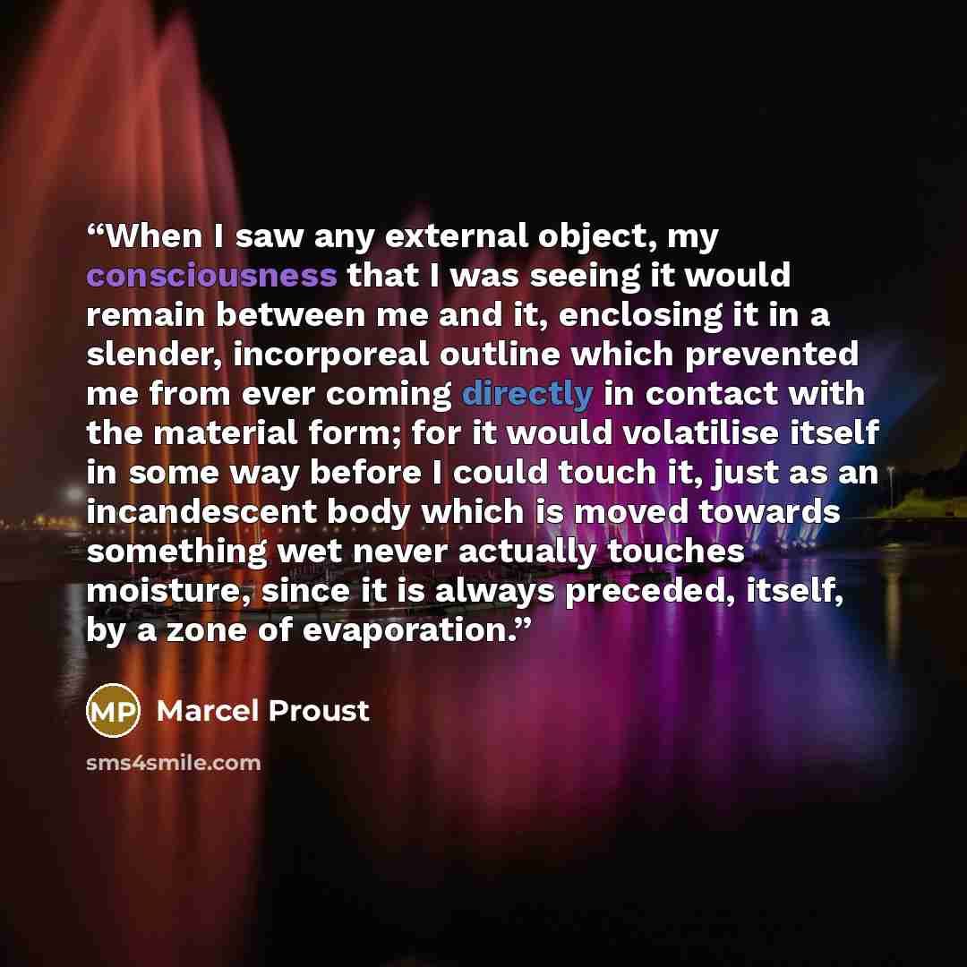 “When I saw any external object, my consciousness that I was seeing it would remain between me and it, enclosing it in a slender, incorporeal outline which prevented me from ever coming directly in contact with the material form; for it would volatilise itself in some way before I could touch it…” quote by Marcel Proust