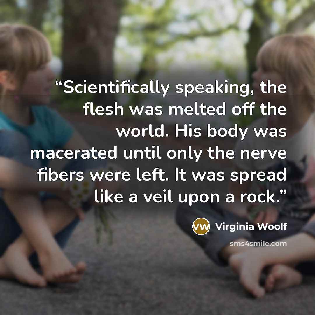 “Scientifically speaking, the flesh was melted off the world. His body was macerated until only the nerve fibers were left. It was spread like a veil upon a rock.” quote by Virginia Woolf